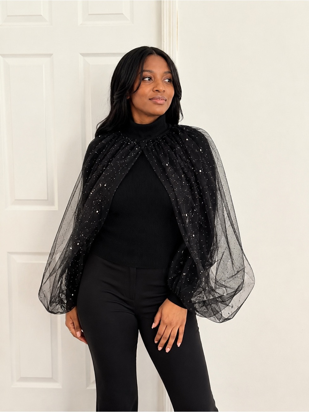 Sheer Black Sparkle Capelet Shrug